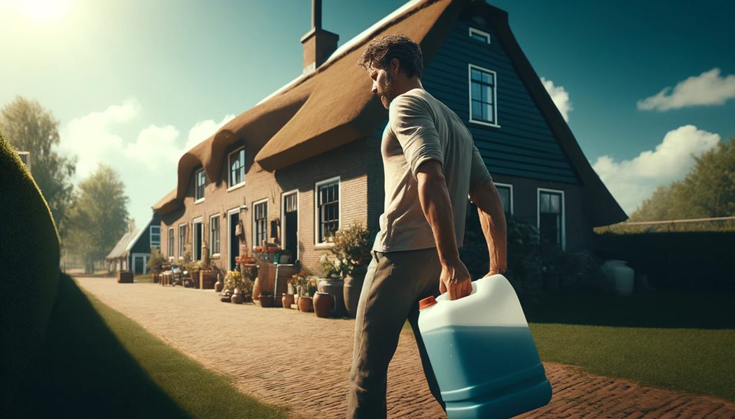 Een man draagt een jerrycan van 10 liter vol water naar zijn huis, midden op de dag, op een hete dag.
